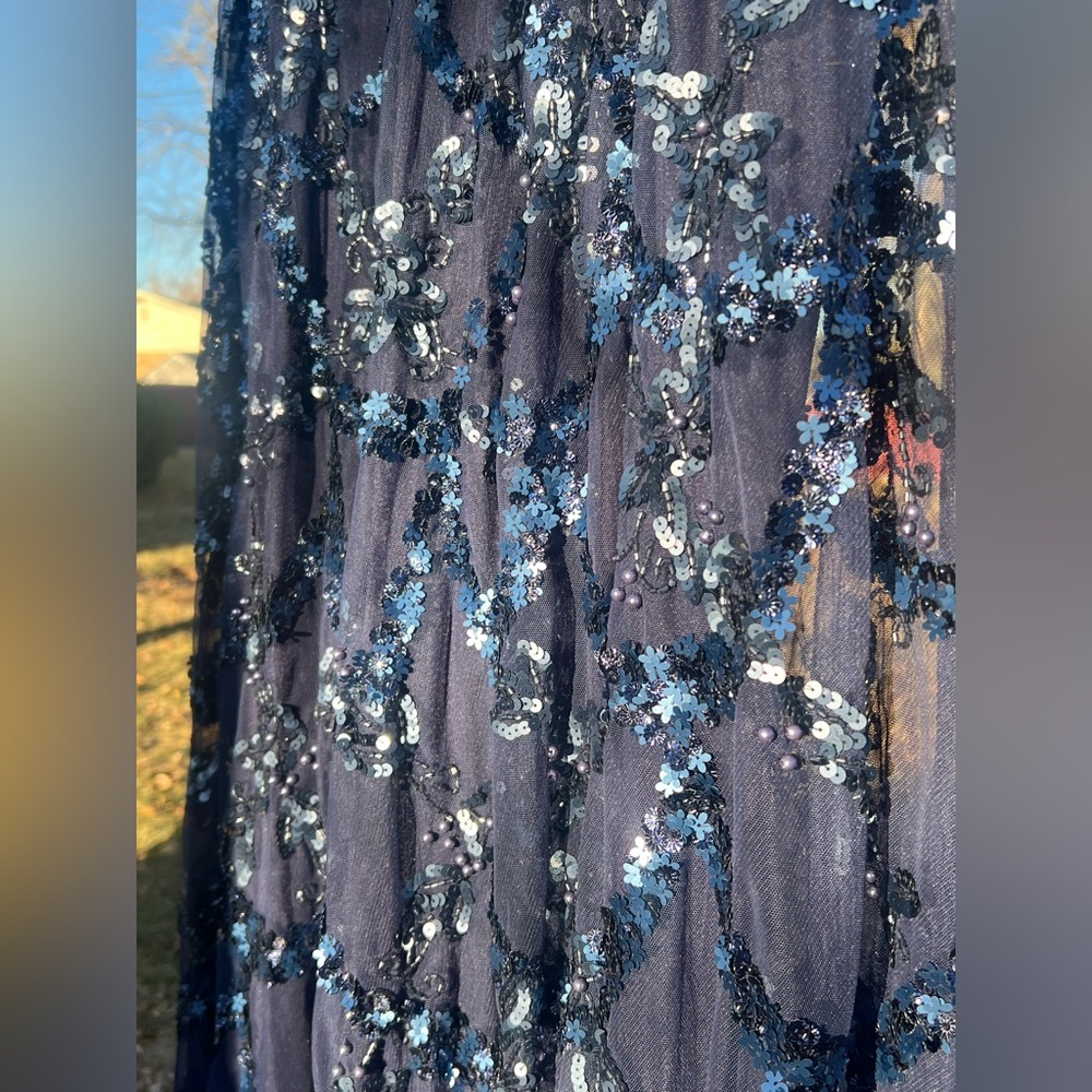 MAC DUGGAL Embellished Illusion High Neck Long Sleeve A Line Gown Navy blue - Picture 9 of 16